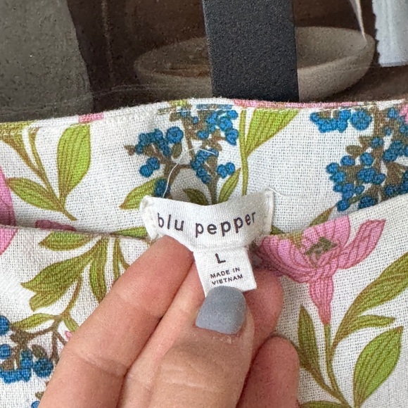 Linen floral block print babydoll mini dress ruffle pyjama square neck flutter - Picture 10 of 14